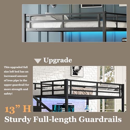 Bellemave Full Size Metal Loft Bed with L Shaped Desk and Wardrobe, Heavy Duty Loft Bed Frame with Storage Stairs, LED Loft Bed Frame with Charging Station & Safety Guard, Space Saving Loft Bed, Black - Image 4