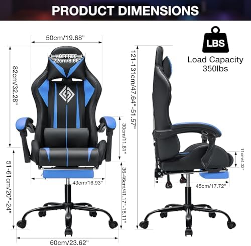 HOFFREE LED Gaming Chair with Massage RGB Lights Computer Game Chair-Blue | Ergonomic Reclining Gamer Chair with Footrest High Back Video Game Chair with Adjustable Lumbar Support Linkage Armrest - Image 3