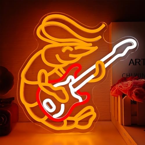 Shrimp Playing Guitar Neon Sign Dimmable Lobster Neon Lights Live Music Light Up Sign Guitar Shrimp Neon Wall Art for Seafood Restaurants Pub Music Room Decor by hhuohuona