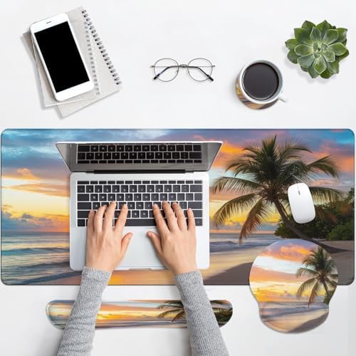 Arttown Keyboard Mouse Pad Set, 4 in 1 Desk Mat Set Beach Ocean - Image 7