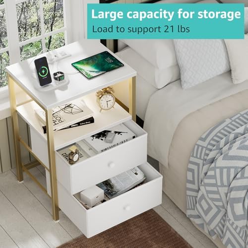 BOLUO Nightstand with Charging Station, LED Night Stand with 2 Fabric Drawers, Bedside Table with USB Ports and Outlets, Nightstand for Bedroom Modern - Image 5