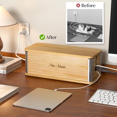 Delamu Wooden Cable Management Box, Retro-Inspired Cord Organizer Box for Home Office, Large Cord Hider Box Hides Floor Cord and Power Strips, Floor Cord Covers, 14.3" x 6.0" x 5.5", Light Wood Color - Image 3