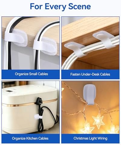 AGPTEK 80Pcs Self-Adhesive Cable Ties, Hook and Loop Cable Straps, White - Image 7