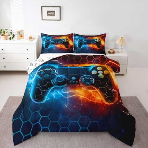 Feelyou Kids Boys Blue Red Gamer Comforter Set Queen Size, Honeycomb Gaming Comforter for Lightning Gamepad Bedding Set Game Room Decor Duvet Set 3Pcs Room Decor Quilt Set Bedding Collection - Image 4
