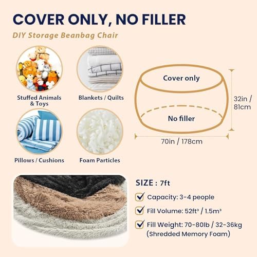 Large Bean Bag Chair Cover, Plush Bean Bags Chairs Cover Only Without Filler Included, Beanbag Chairs for Adults, Teens, Kids, 7FT, Light Grey - Image 6