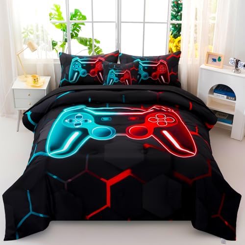 6 Pieces Gamer Bed in A Bag Full Size 3D Game Console Kids Bedding Set for Boys Teal and Blue Gaming Comforter Set with Sheets Gamepad Printed Teen Boy Bed Sets (Teal Red, Full) by BYHOFMLY