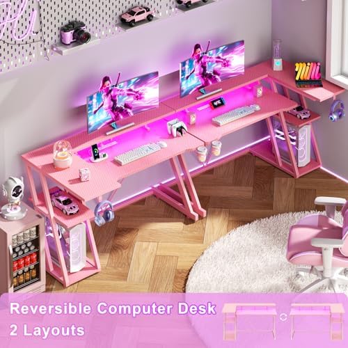 Korfile 47 Inch Pink Gaming Desk with Power Outlet & LED Lights, Corner Computer Desk with 3 Tiers Storage Shelves, L Shaped Gaming Desk with Monitor Stand for Bedroom - Image 3