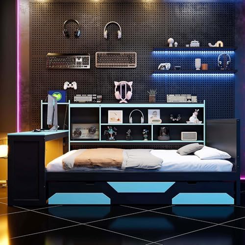 Merax Queen Size Gaming Daybed with Integrated Desk and Lights, Wooden Platform Bed Frame with 3 Storage Drawers and Built-in Charging Station, Multi-Functional Headboard Shelves, No Box Spring Needed - Image 4