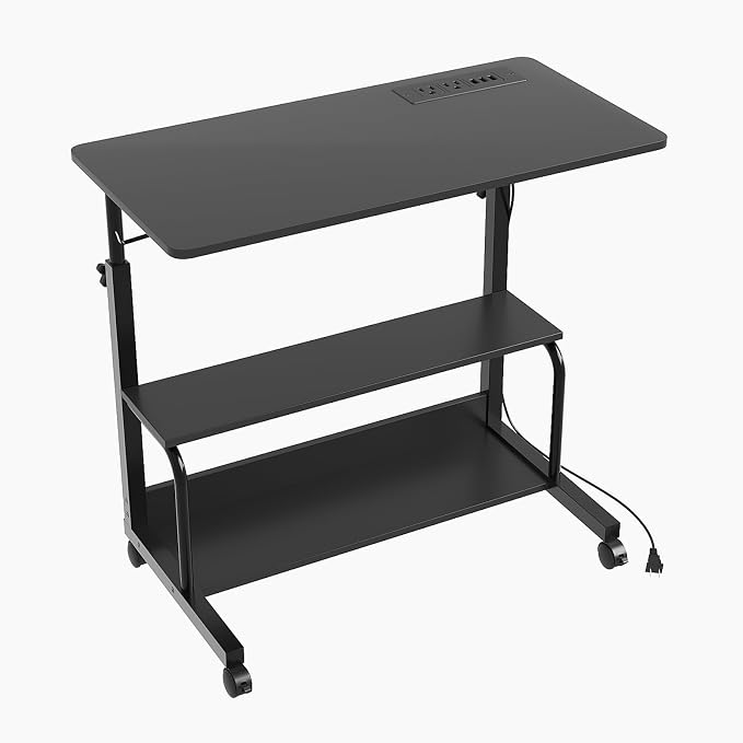 FCH 31.5" Mobile Small Standing Desk, Adjustable Height Mobile Computer Desk, w/2 AC Outlets + 3 USB Ports & Hooks, Storage Shelves, Suitable for Gaming, Studying, Home Office, Black - Image 8