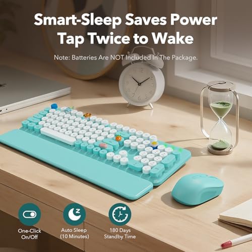 Wireless Keyboard and Mouse Combo, Full-Size Retro Typewriter Keyboard with Round Keycaps, Magnetic Wrist Rest, Tilt Legs, 2.4GHz Cordless for Mac, Windows PC, Laptop, SABLUTE CK23, Robin Egg Blue - Image 5