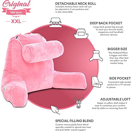 Husband Pillow XXL The Original for Adults - 30" Tall Backrest for Sitting Up in Bed - Firm Support Reading & Bed Rest Pillows for Adults, Neck Roll, Removable Cover - TV - Pink - Image 5