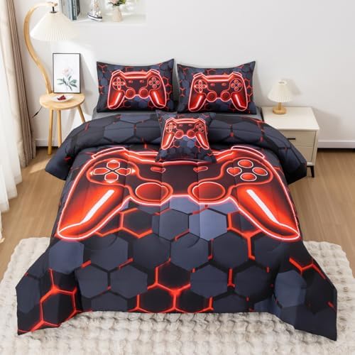 6Pcs Gamer Comforter Set with Sheets for Boys Girls Kids Teens, Colorful Gaming Themed Bed in A Bag Twin Size, Black 3D Video Game Controller Bedroom Decor Bedding Set by Keyroal