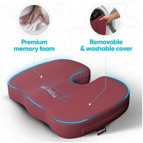 FORTEM Seat Cushion, Office Chair Cushion for Tailbone Sciatica Pain Relief | Memory Foam Pillow for Car | Ergonomic Design | Washable Cover | Non Slip | Red - Image 3
