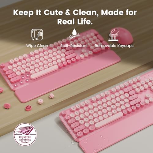 Wireless Keyboard and Mouse Combo, Magnetic Wrist Rest, Round Keycaps, Pink - Image 4
