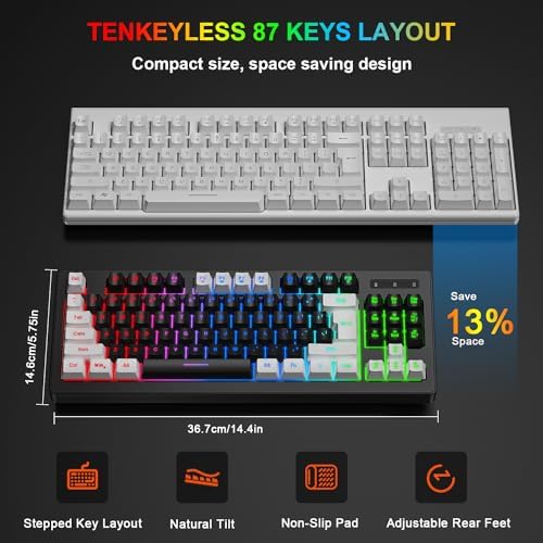 BlueFinger Wireless Gaming Keyboard and Mouse Combo, RGB Rainbow Backlit Rechargeable Battery, 87 Keys TKL Light Up Keyboard with Ergonomic Gaming Mouse for Mac Laptop Computer PC Gamer(White & Black) - Image 4