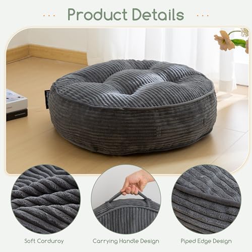 HIGOGOGO 6" Extra Thick Floor Pillow Cushion for Adults, Meditation Cushion Pillow, Large Round Floor Sitting, Tufted Corduroy Cover, for Tatami Living Room or Yoga, 22x22 Inch, 2Pack, Dark Grey - Image 3