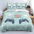 Twin Size Gaming Bedding Set - Duvet Cover & Comforter Cover with Pillowcases, Cartoon Gamepad Symmetry with Pink Heart on Sky Blue for Gamer Kids' Bedroom (Whimsical Gaming Atmosphere) by Holiyjog