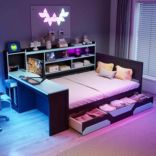 Merax Full Size Gaming Daybed with Integrated Desk and Lights, Wooden Platform Bed Frame with 3 Storage Drawers and Built-in Charging Station, Multi-Functional Headboard Shelves, No Box Spring Needed by Merax