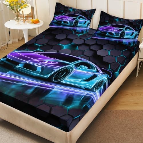 HOSIMA Race Car Queen Bedding Sets for Boys,1 Fitted Sheet+2 Pillowcases. - Image 4