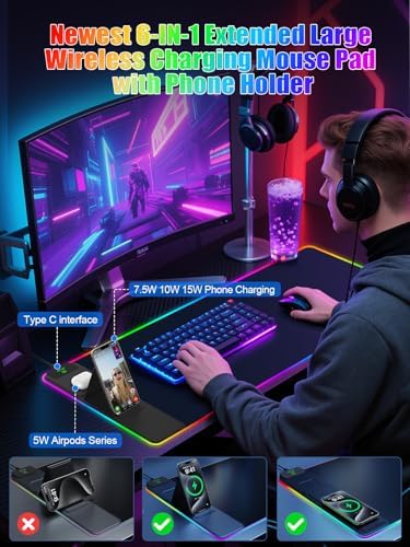 Mouse Pad with Foldable Phone Holder & Wireless Charger, XXL RGB Gaming Mousepad 31.5"x15.8" Large Desk Mat for Keyboard, Black Desk Pad with Dual Qi Charging Station | 11 Colors 5 Modes | Waterproof - Image 3