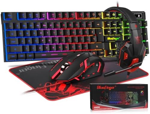 BlueFinger RGB Gaming Keyboard and Backlit Mouse and Headset Combo, USB Wired Backlit Keyboard, LED Gaming Mouse Set, Headset with Microphone for Laptop PC Computer Game and Work by BlueFinger
