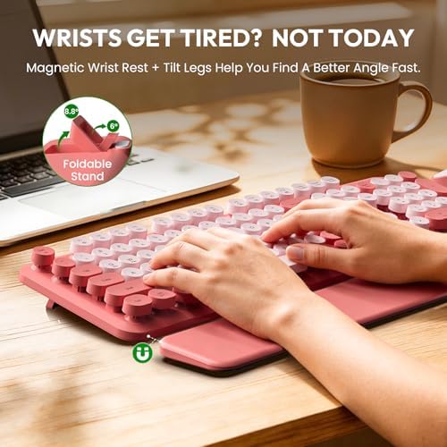 Wireless Keyboard and Mouse Combo, Typewriter Keyboard with Magnetic Wrist Rest, Full-Size Cute Round Keycaps, Sleep Mode, 2.4G Keyboards for Mac/Windows/PC, Office or Home, Trueque CK23Pro - Image 3