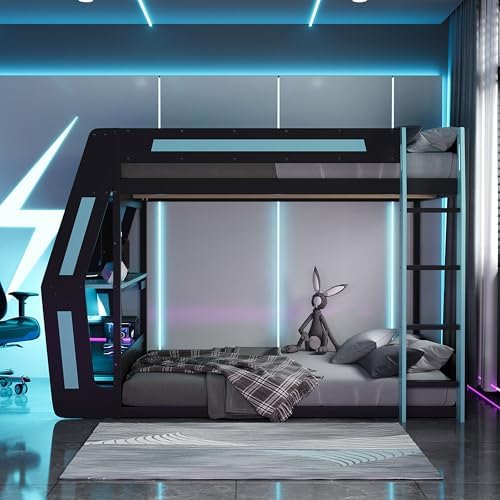 Merax Full Over Full Gaming Bunk Bed Frame with Side-Mounted Oversized Desk, USB Charging Ports & Cable Grommet & Light, Cool Design Heavy-Duty Esports Loft Bed Frame, Blue - Image 5