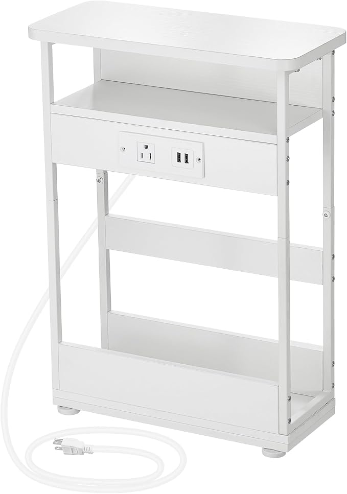 YEAKOO Narrow Side Table with Charging Station, 3-Tier End Table with 2 USB Ports & Power Outlets,Thin Sofa Side Table for Narrow and Small Spaces, Bedside Table Nightstand for Living Room,White - Image 9