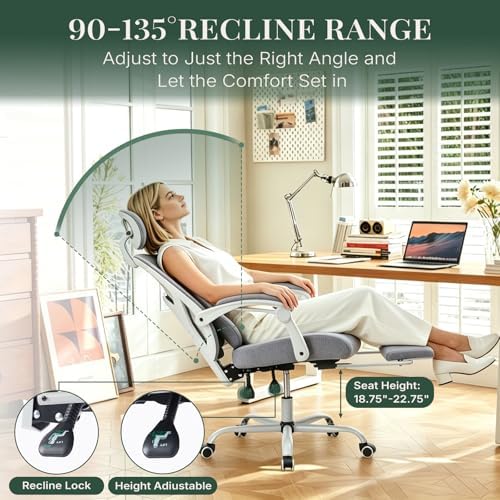 Ergonomic Office Chair with Footrest, Computer Gaming Chair | Adjustable Headrest, Lumbar Support, Swivel Reclining, Padded Armrest, Mesh High Back, Home Desk Work Study, Grey - Image 5