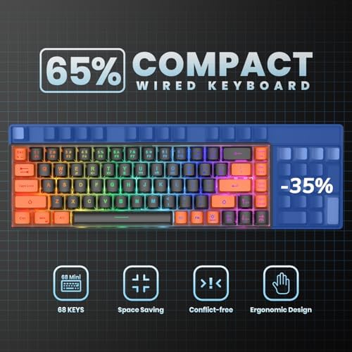 GEODMAER 65% Gaming Keyboard, LED Backlit Mini Wired Keyboard, Ultra-Compact Anti-Ghosting No-Conflict 68 Keys Membrane Gaming Wired Keyboard for PC Laptop Windows Gamer(Black-Orange) - Image 4