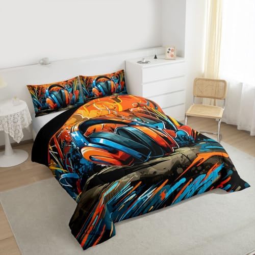 Erosebridal Gaming Headset Comforter Set Graffiti Gamer Girl Toddler Bedding Set for Tween Boys Girls Doodle Style Comforter Gaming Headphones Quilt - Image 6