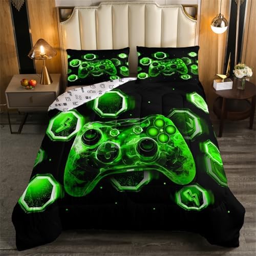 Feelyou Kids Green Gamer Bedding Set Full Size, Game Console Comforter Set Boys Girls Space Universe Gaming Comforter Gamepad Teens Duvet Set Bedroom Decor with 2 Pillow Case by Feelyou