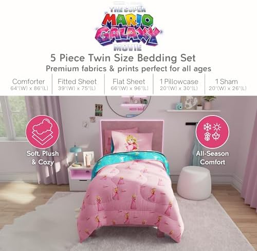 The Super Mario Galaxy Movie Bedding Set, Twin Size 5 Piece Set Kids Super Soft Cozy Reversible Comforter and Sheet Set with Sham, Princess Peach (100% Officially Licensed Product) by Franco - Image 2