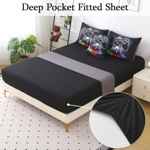 JQinHome Full Gamer Comforter Sets for Boys,6 Piece Bed in A Bag 3D Video Gamer Bedding -All Season Microfiber Gaming Bedding Set for Kids, with Sheet Sets (Black Gaming) - Image 4