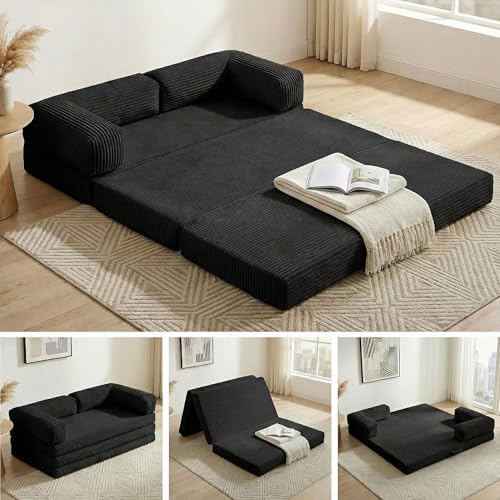 Convertible Sofa Bed King,5-in-1 Boneless Couch Corduroy Futon Sofa Bed,Tri-Fold Mattress with Removable Armrests & Handle,Sleeper with Pull Out Bed for Small Space Living Room Bedroom,Black by NLDDTrailblazersTreasures