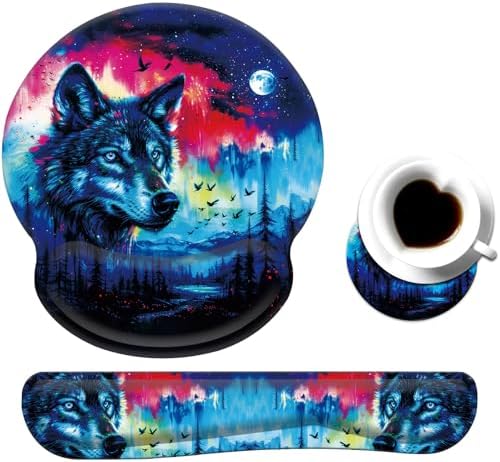 Keyboard Wrist Rest and Mouse Pad Wrist Support Set with Coaster,Comfortable for Easy Typing,Pain Relief,Memory Foam Keyboard Pad Set for Laptop Mac,Forest Wolf by Unknown