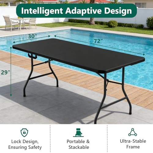 6FT Folding Table, Heavy Duty Plastic Fold-in-Half Utility Table with Handle, Portable Camping Picnic Table with Steel Legs for Indoor Outdoor Party, Dining, Black,2 Pack - Image 3