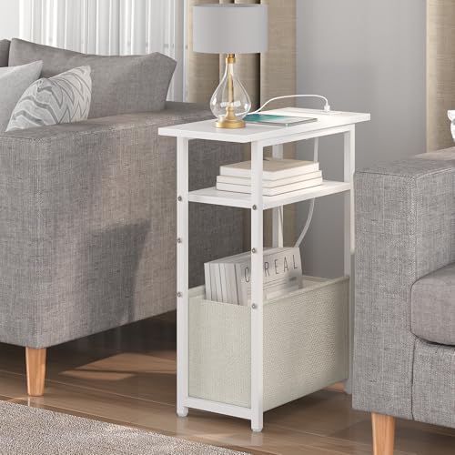 sthmec Narrow Side Table with Charging Station, Small End Table for Small Spaces, Skinny Nightstands with Storage Basket, 3 Tier Sofa Couch Bedside Tables for Living Room,Bedroom, White - Image 2