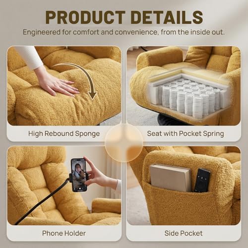 360° Swivel Floor Gaming Chair Yellow Teddy Folding Chaise Lounge Chair Adjustable Comfy Sofa Chair with Armrests, Phone Holder & Padded Cushion, Ideal for Living Room, Bedroom - Image 3