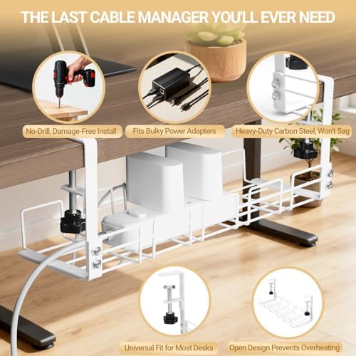 Under Desk Cable Management Tray, 15.7'' Metal Wire Organizer with Clamp, No Drill Desk Cord Rack for Cable Management, Computer Wire Organizer for Office and Home, Sturdy & Scratch-Free - Image 3
