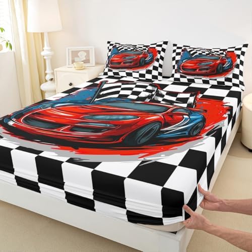 Racing Car Bedding Set Full Size, Cool Speed Race Car Bed Sheets for Kids Boys Teens Bedroom, Automobile Extreme Sport Sheet Set White Black Fitted Sheet Grid Buffalo Flat Sheet with 2 Pillow Cases - Image 5