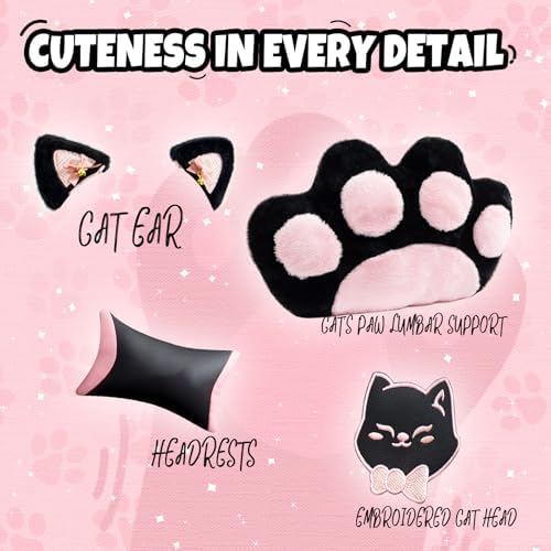 Cute Ergonomic Gaming Chair with Footrest, Girls Pink Gaming Chair with Cat Ears & Paw Lumbar Pillow for Adults Women Teens, 310 Lbs Capacity (Cute Black+Pink) - Image 7