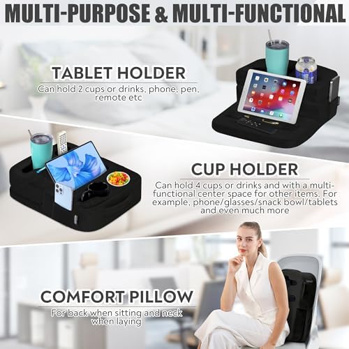 TabCouchCaddy - Couch Cup Holder Tray Pillow - Bed, Couch Caddy, Sofa, RV & Car - Holds Drinks, Snacks, Remotes, Phones, Kindle, Tablet | Bed Cup Holder (Black) - Image 3