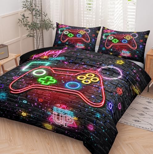 NINENINE Gaming Bedding Sets for Boys 5PCS Queen Size Gaming Comforter Gampad Contoller Video Kids Teens Black Bedding Comforter Sheet Set(1Comforter, 1Flat Sheet, 1Fitted Sheet, 2Pillowcases) by NINENINE