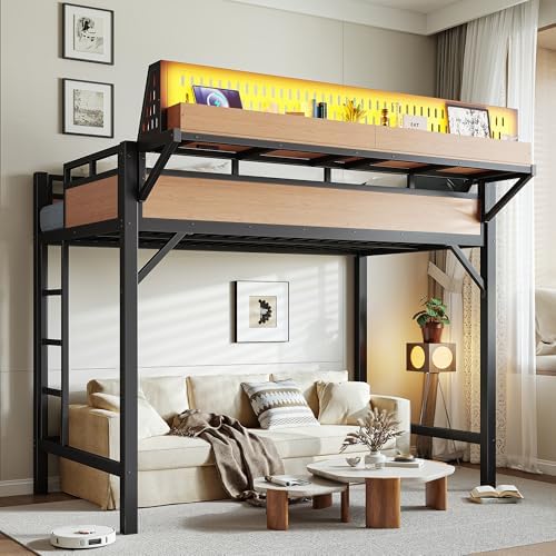 KEIKI Twin XL Loft Bed Frame with Storage Shelves & Pegboard, Metal Loft Bed with USB Ports and LED Lights, Space Saving Loft Bed for Kids Teens Dorm Rooms Apartments Gaming Setup & Small Bedrooms by KEIKI