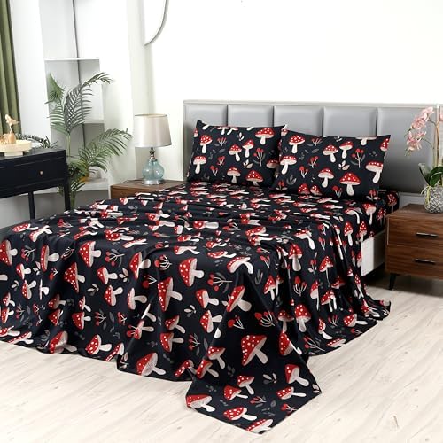 SDIII 4PCS Red Mushroom Sheets Set Queen, Soft Microfiber Mushroom Sheets Queen, Vintage Botanical Bed Sheet for Kids Boys Girls and Teens All Season by SDIII