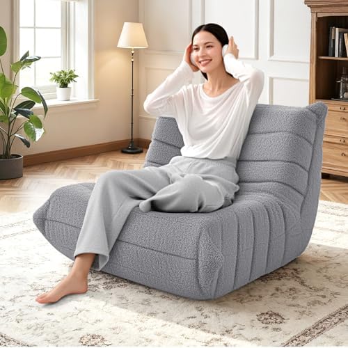 HABUTWAY Bean Bag Chairs Fireside Lazy Floor Sofa,Single,Light Grey | Soft Teddy Fleece Bean Bag Sofa with High-Resilience Foam Filling，Beanbag for Living Room, Bedroom, Office - Image 4