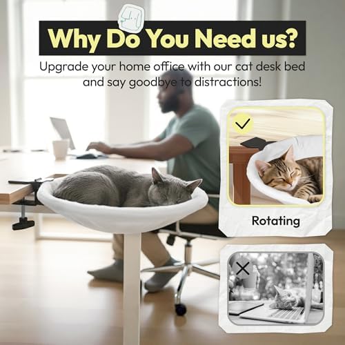 Adjustable Cat Desk Bed, Sunken Design Cat Hammock, Supports Up to 50 lbs, Sturdy Metal Frame with Secure Clamp, Removable Faux Rabbit Plush Cover, Perfect for Home or Gaming Desk (White, XL) - Image 4