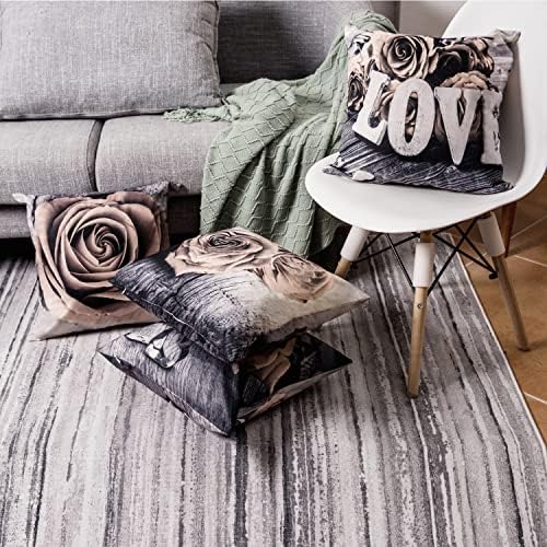 Beige Flower Throw Pillow Covers Grey Rose Pattern Pillow Case Decorative 18x18” Set of 4, Square Cushion Cases Cotton Linen for Bedroom Living Room Sofa Couch Outdoor Patio Pillowcase Home Decor - Image 3