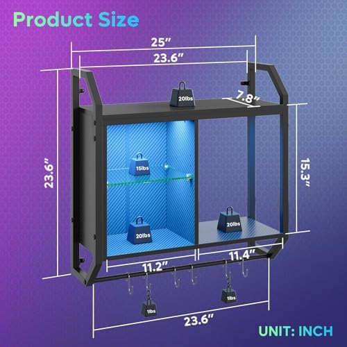 Bestier 25" LED Gaming Floating Shelves for Wall, Wall Mounted Shelf Pipe Adjustable Glass Shelves, Hanging Display Rack with 6 S-Hooks Towel Bar, Gaming Room Decor Shelf, Carbon Fiber Black - Image 3